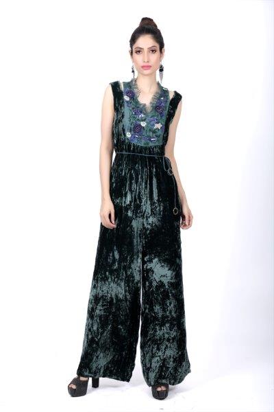 #JPS29 - Jumpsuit in Silk Velvet with Hand Embroidery on front neckline & lace frill on neckline